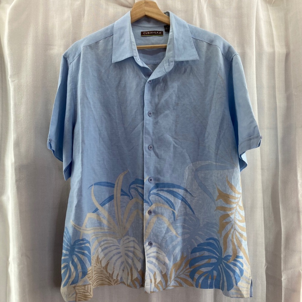 Cubavera Men's XL Blue Floral Linen Blend Short‎ Sleeve Button Down Shirt